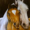 AMOUR ET TENDRESSE DANS L'ECURIE - PEINTURE ANIMALIERE - CHEVAUX